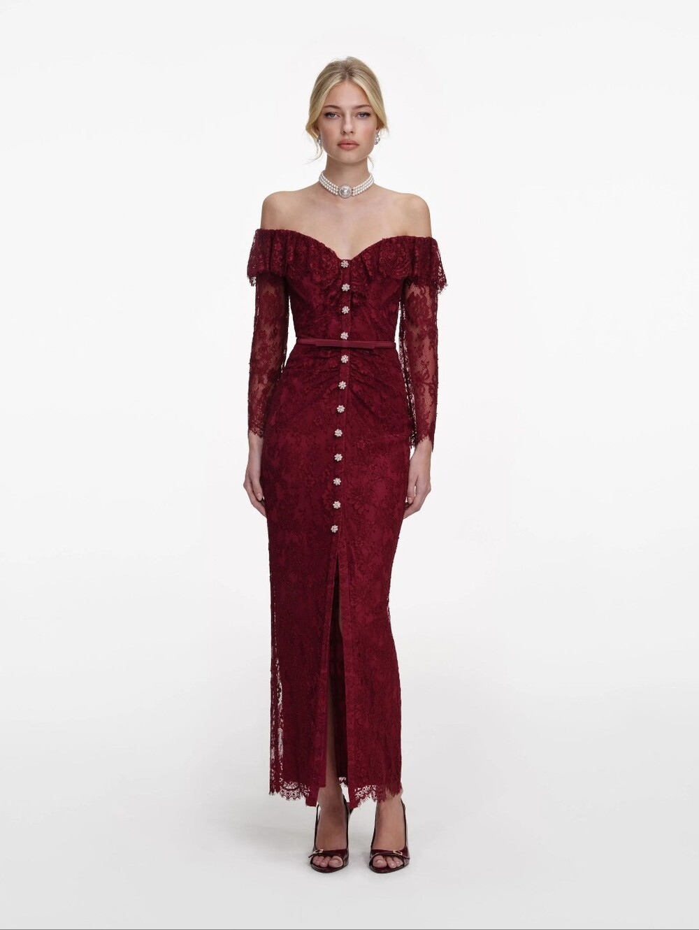 self-portrait Burgundy Off Shoulder Gathered Lace Maxi Dress